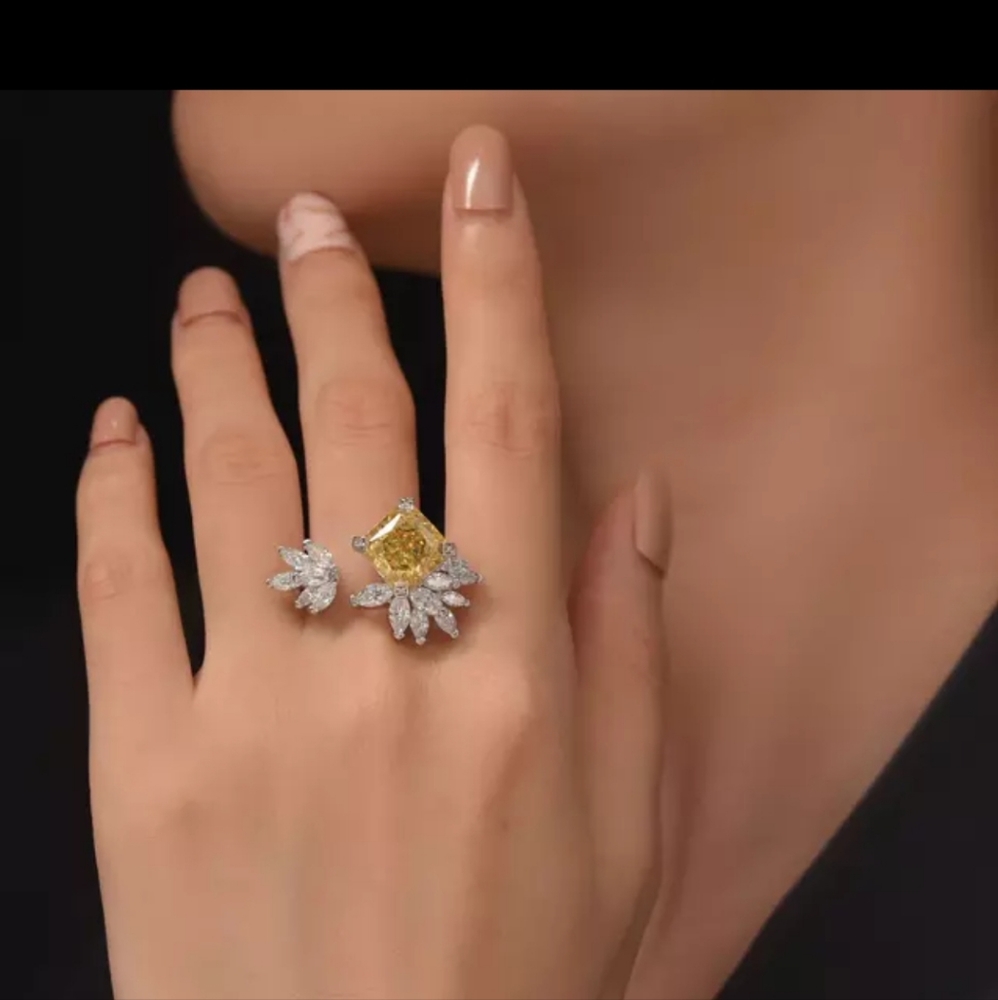 European Syle, Big yellow leaf tree adjustable  ring S925 silver 5AA zir…